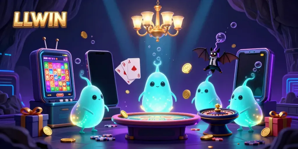 Experience thrilling gameplay with LLWIN's vibrant casino scene illuminated by glowing characters.