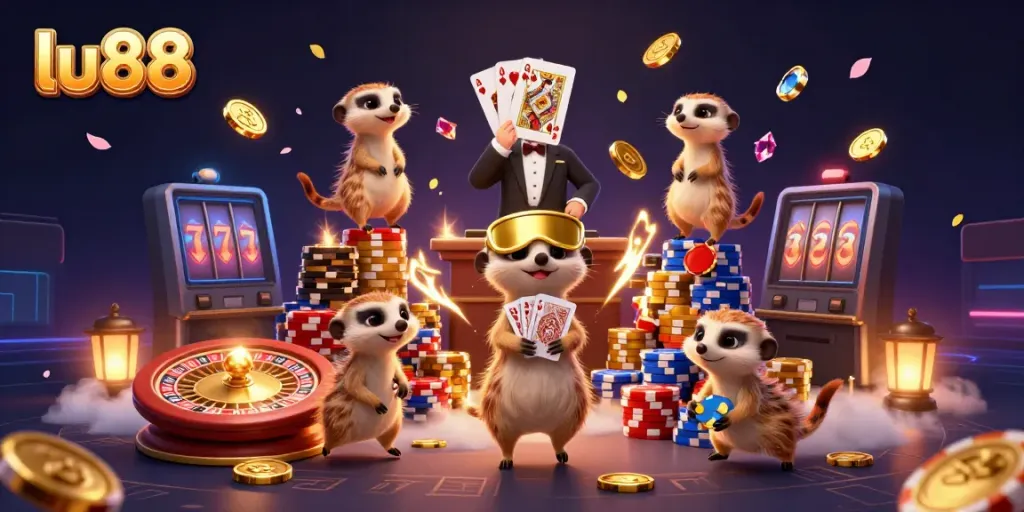 Experience thrilling gameplay at lu88 with dynamic meerkats in a lively casino scene.