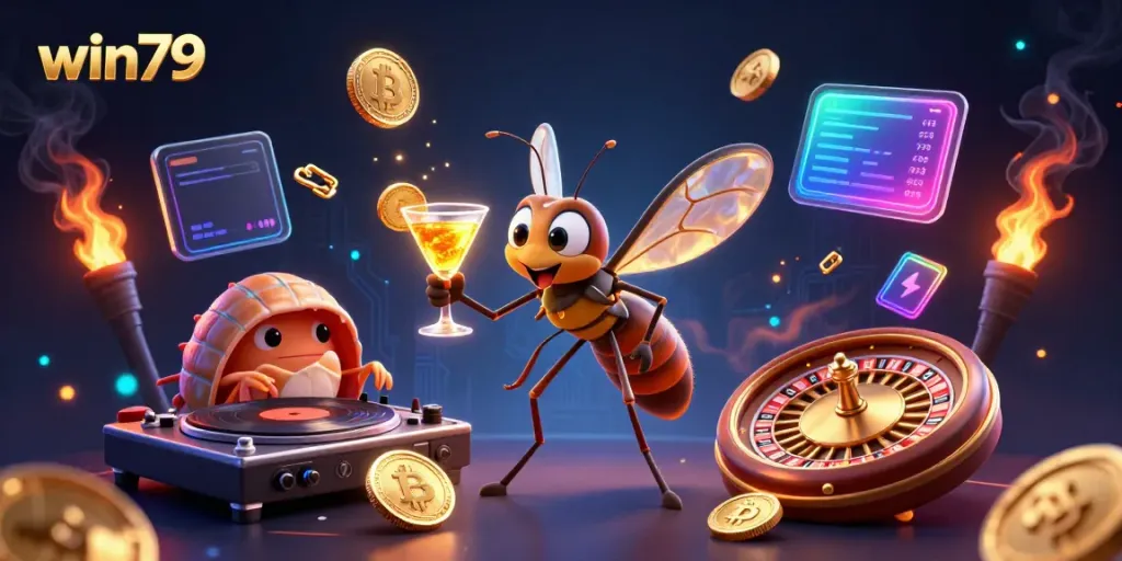 Spin the roulette wheel with win79, a vibrant casino scene featuring a resurrected mosquito mascot.