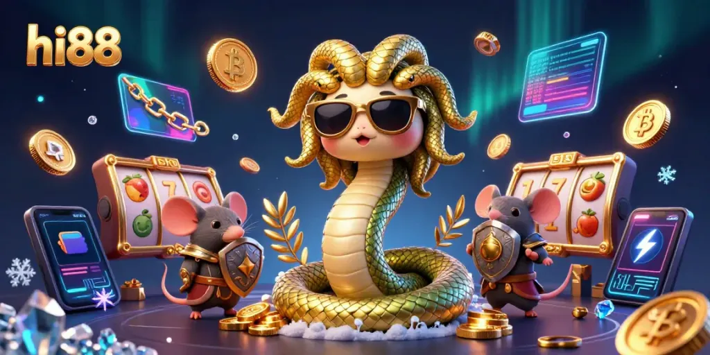 Experience excitement at hi88 with playful Medusa and a warrior mouse amidst vibrant casino elements.