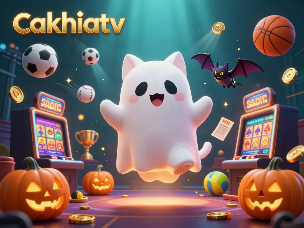 Cakhiatv showcases a vibrant ghost cat and vampire bat enjoying a dynamic sports-themed casino scene filled with energy.