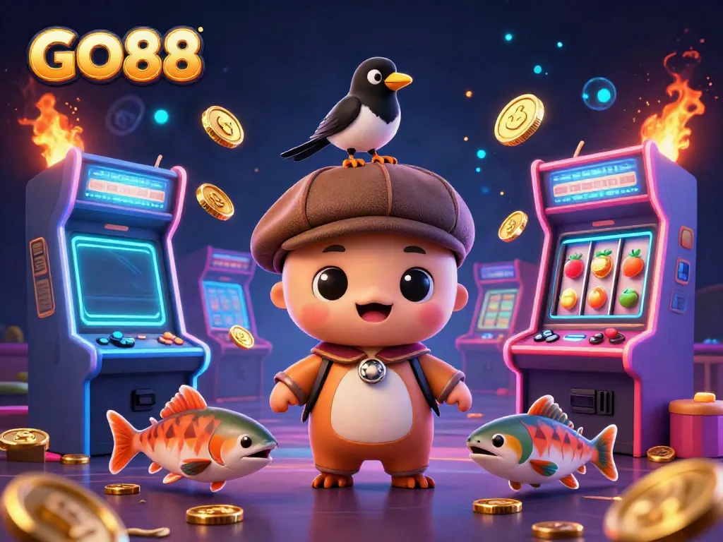 Engage with GO88's vibrant casino gaming scene featuring a playful Loch Ness monster, arcade machines, and gold coins.