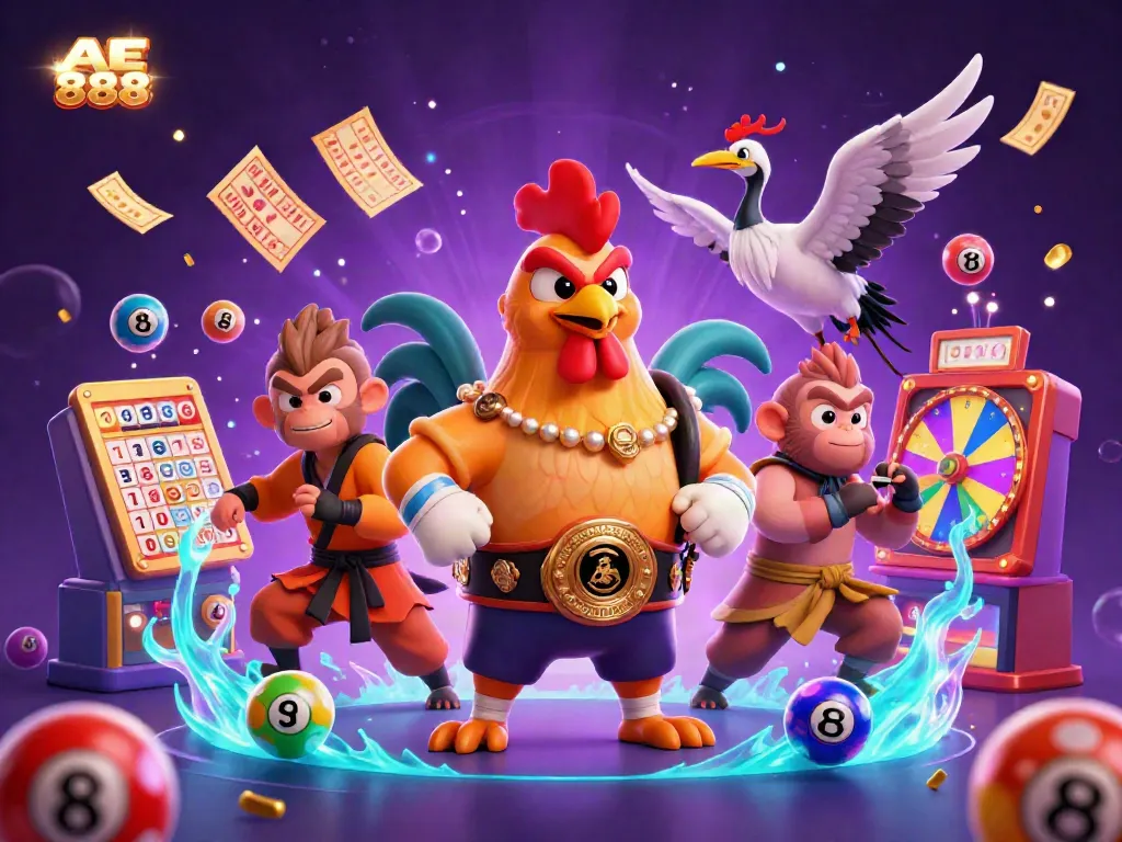 Engage in the exciting AE 888 casino scene with dynamic characters and vibrant gaming elements.