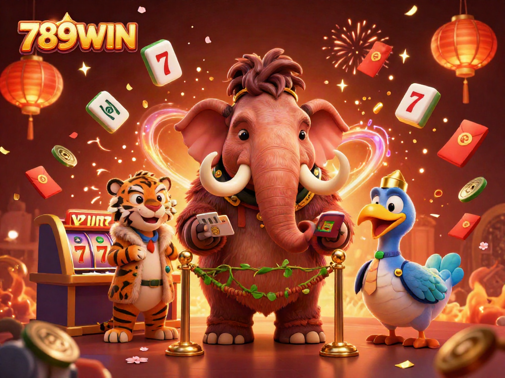 Immerse in the vibrant casino world of 789WIN with a mammoth bouncer and vibrant gaming elements.