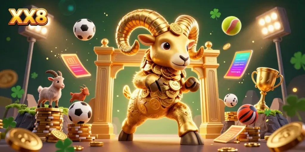 Experience the thrill of XX8 gaming with a dynamic scene of golden ram and sports elements.