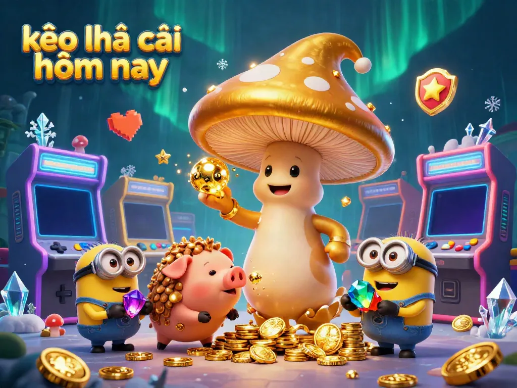 Engaging illustration of kèo nhà cái hôm nay featuring a golden mushroom wizard, a treasure-hunting pig, and gemstone minions.
