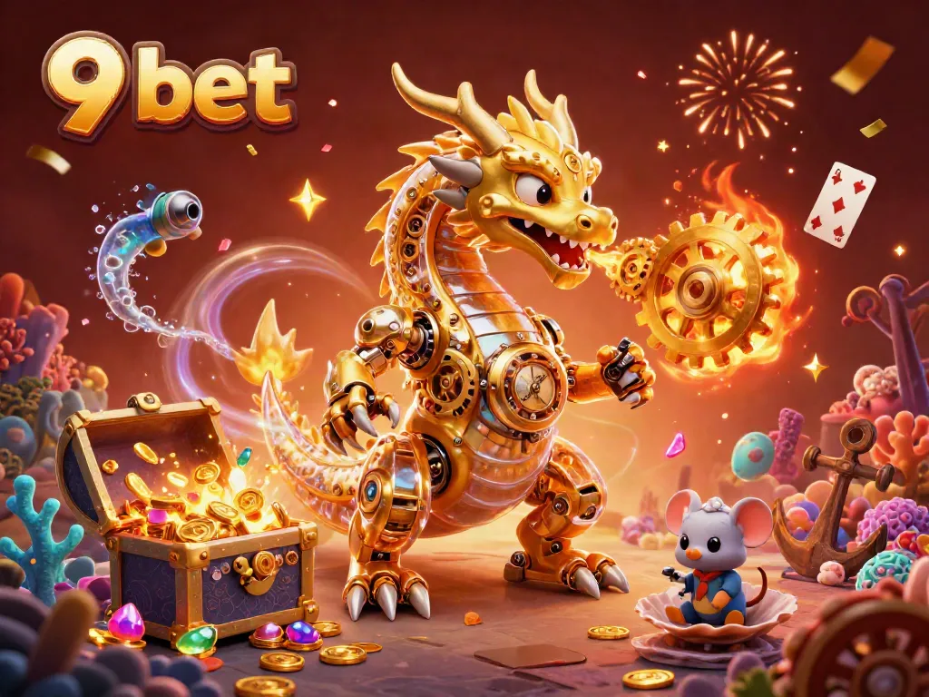 Experience thrilling excitement with the 9 bet animated scene of a golden dragon amidst treasure and casino allure.