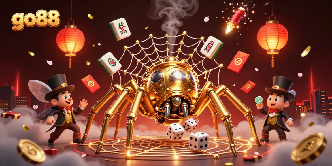 Experience the thrilling world of go88 with a vibrant steampunk scene filled with golden spider webs and playful gaming elements.