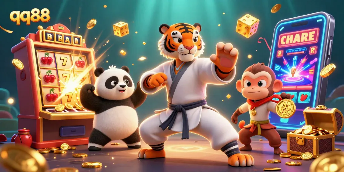 Experience the thrill of qq88 with interactive slots, surrounded by vibrant casino elements.