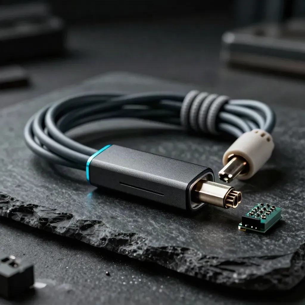 Macro still life of a security token, patch cable coil and relay module on dark basalt.
