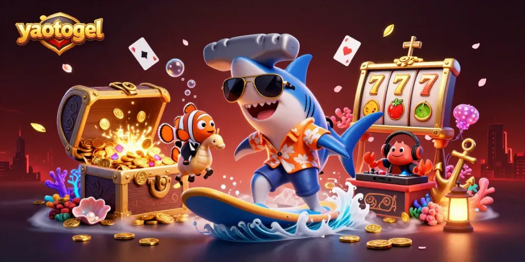 Experience thrilling gaming with yaotogel's vibrant 3D casino illustration, showcasing dynamic elements.