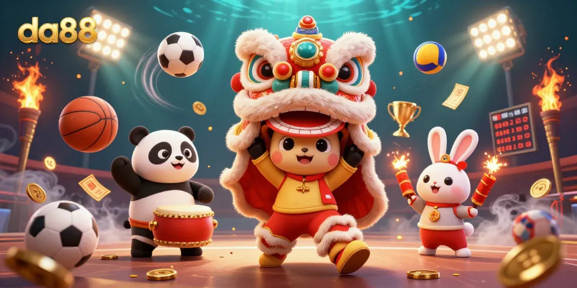 Experience the thrill at da88 casino with animated characters dancing amid vibrant sports elements.