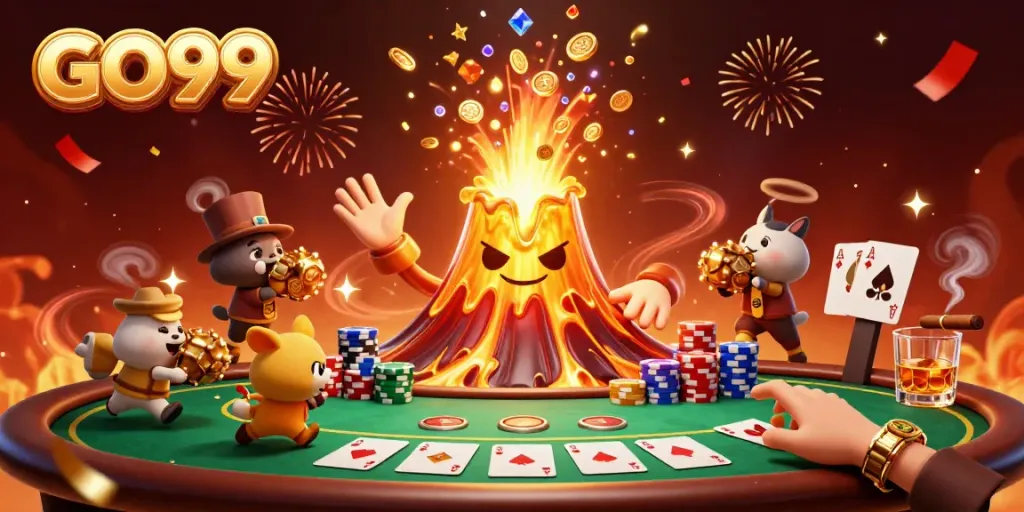 Engage with the thrilling GO99 gaming scene featuring a golden volcano and poker elements.