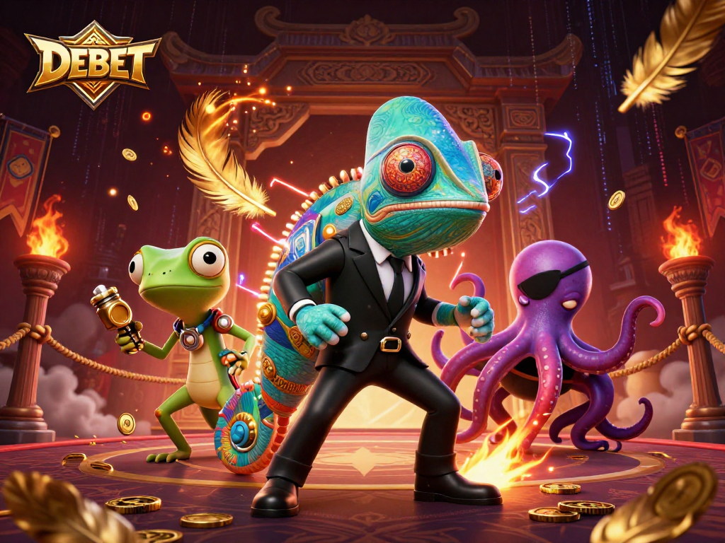 Experience DEBET with a vibrant and dynamic 3D casino scene featuring colorful characters and rich gaming elements.
