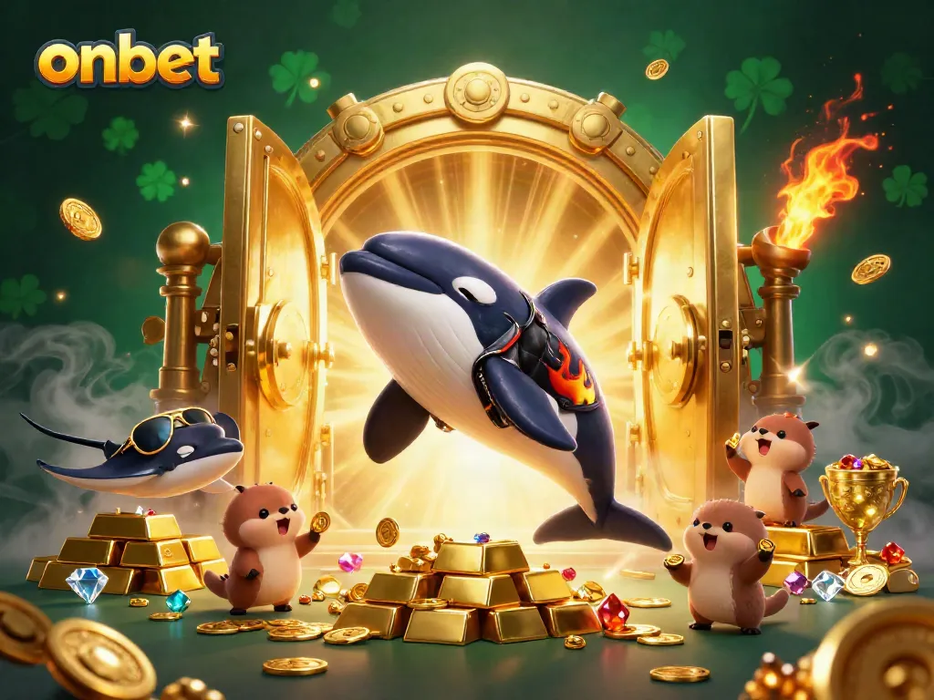 Engage with onbet's vibrant casino imagery featuring a playful orca, stingray, and otters with treasures.