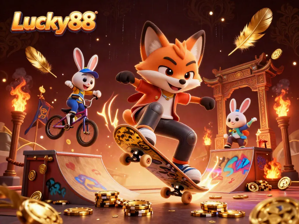 Experience the thrill of Lucky88 with vibrant characters and dynamic casino elements in an exciting illustration.