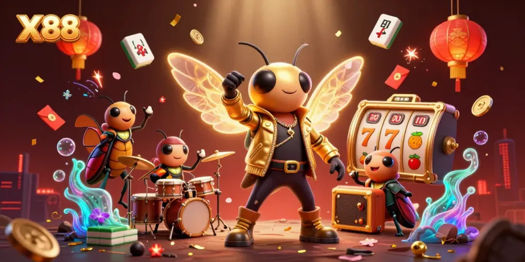 Join the X88 slot excitement with vibrant characters in a dynamic casino scene.