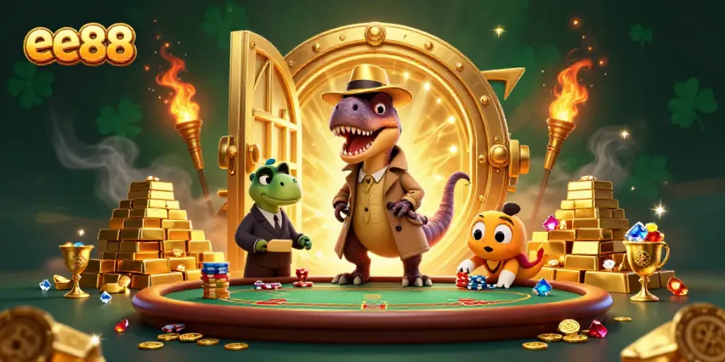 Engage in thrilling gameplay at ee88 with a velociraptor card counter and treasures around.