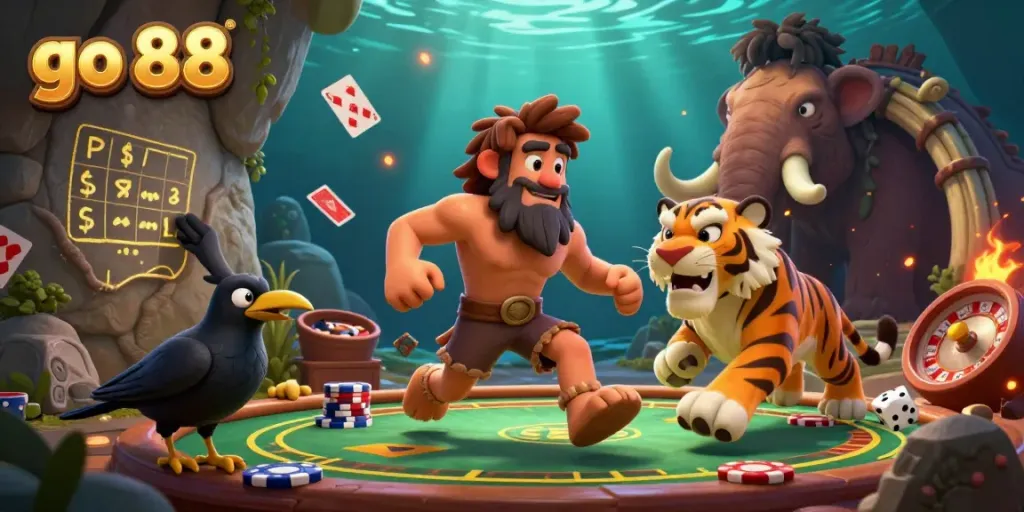 Engage in thrilling gameplay with go 88 at a prehistoric casino featuring a caveman, sabertooth tiger, and vibrant game elements.
