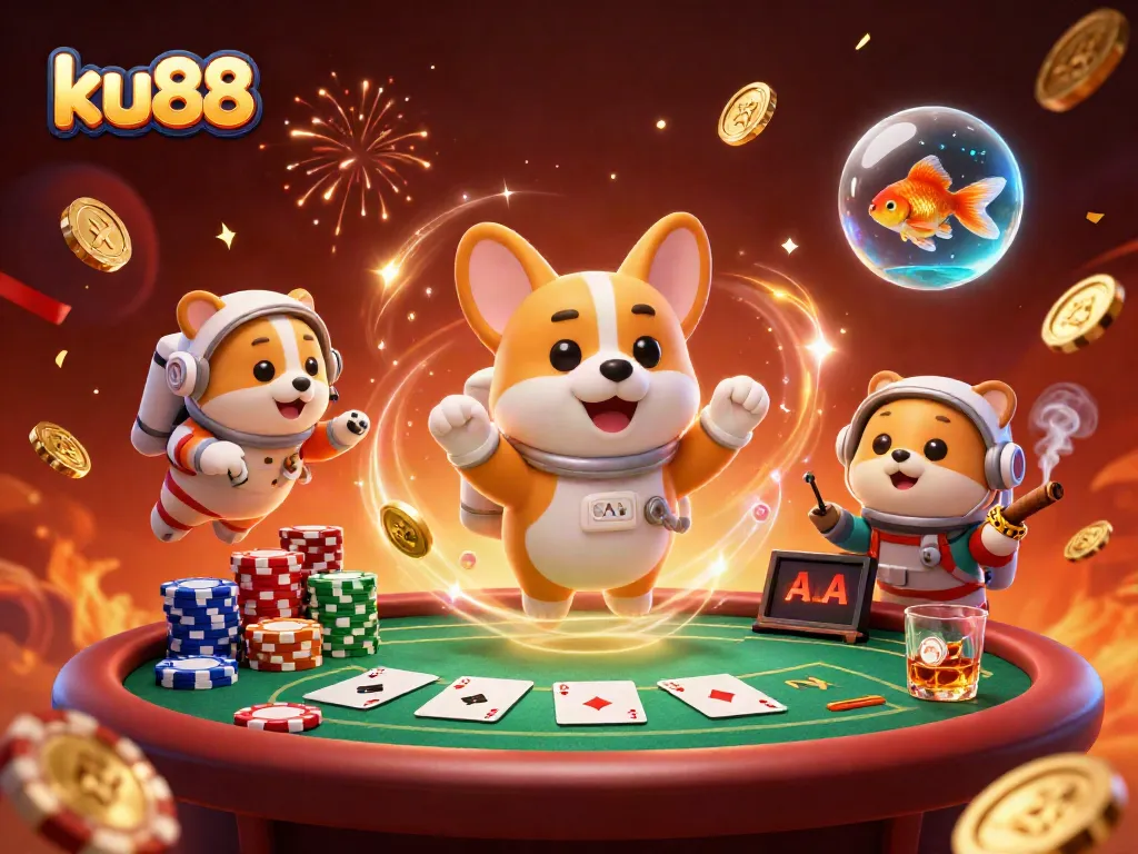 ku88 captures the action of a floating astronaut corgi in a casino filled with vibrant poker elements