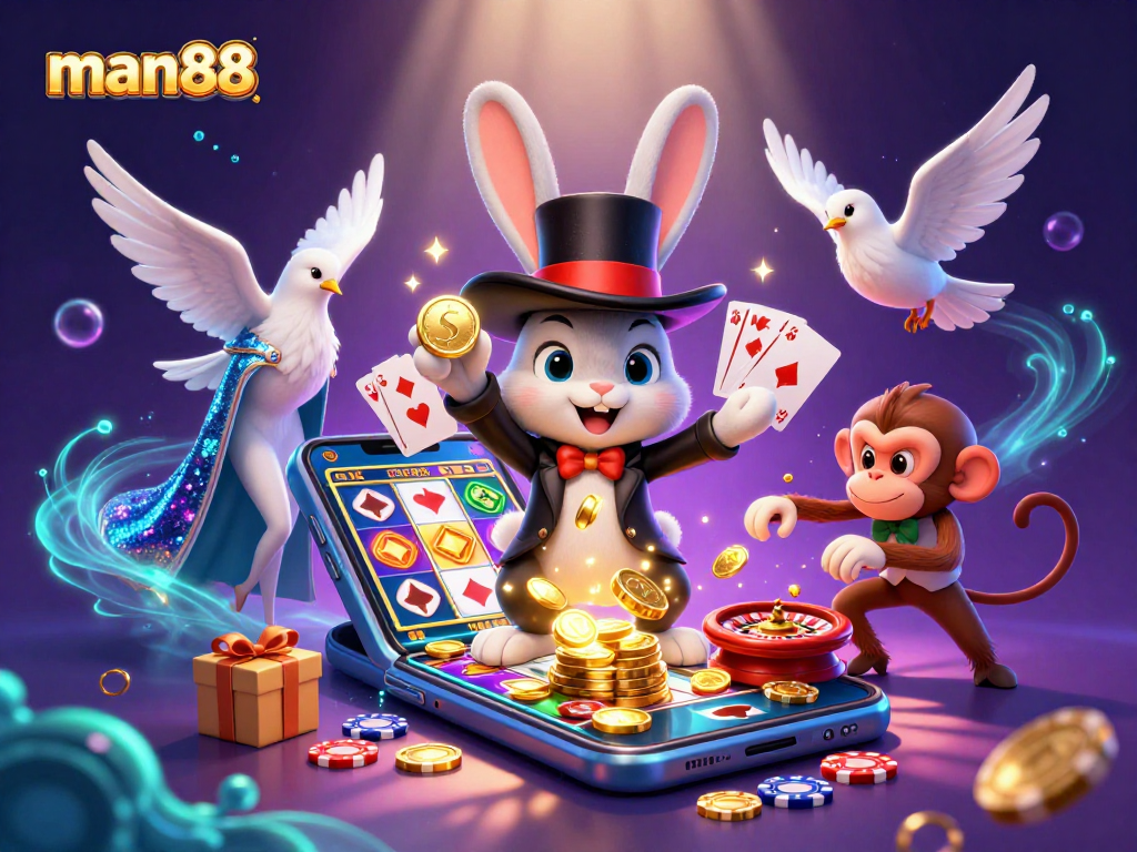 man88 enhances the excitement of gambling with a vibrant 3D illustration of a magical casino scene.