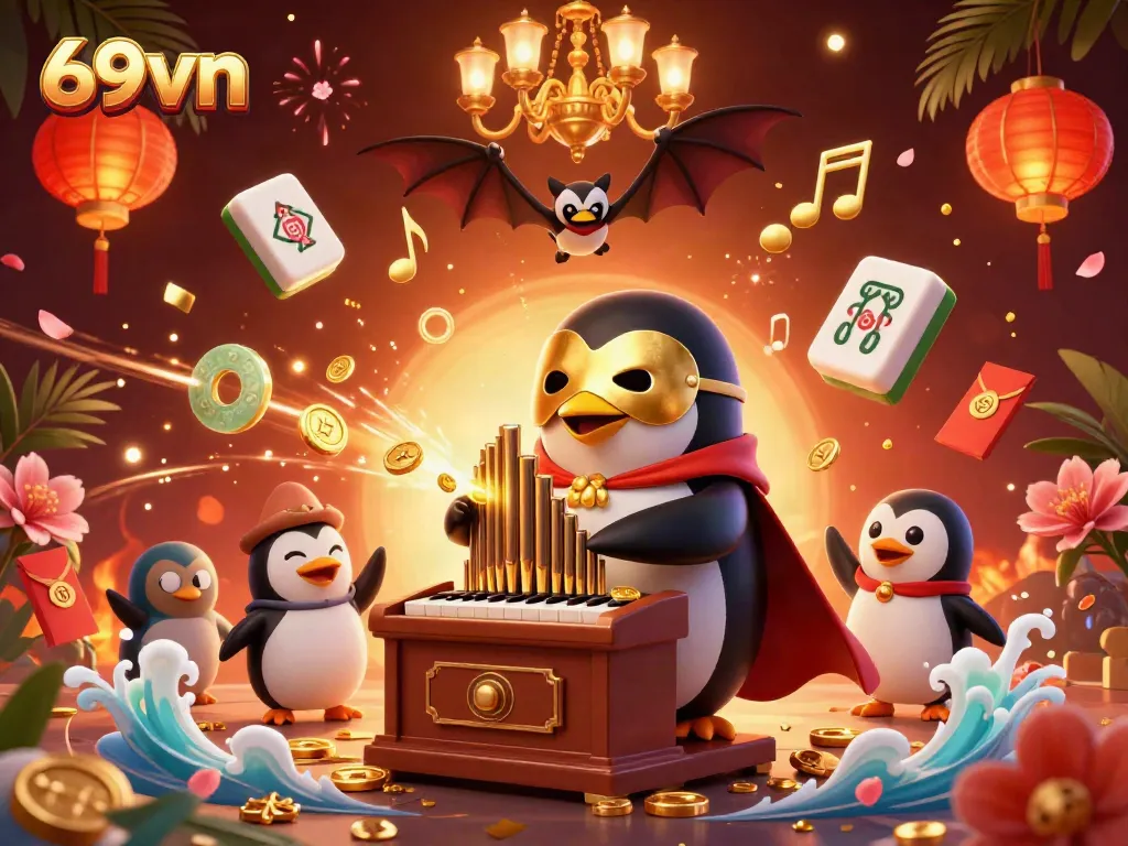 Engage with 69vn's vibrant casino scene as a penguin plays an organ shooting coins, surrounded by glowing treasures.