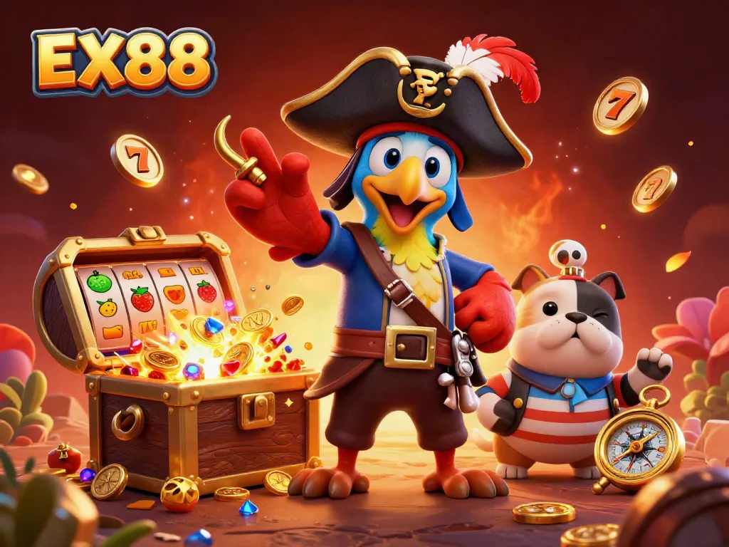 Engage with the vibrant EX88 casino scene featuring a pirate and his companions celebrating near slot reels.