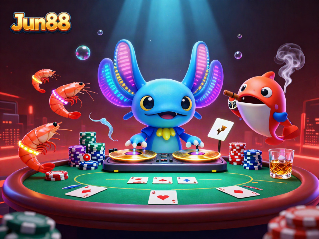 Engage with Jun88's vibrant casino scene featuring energetic characters and casino elements.