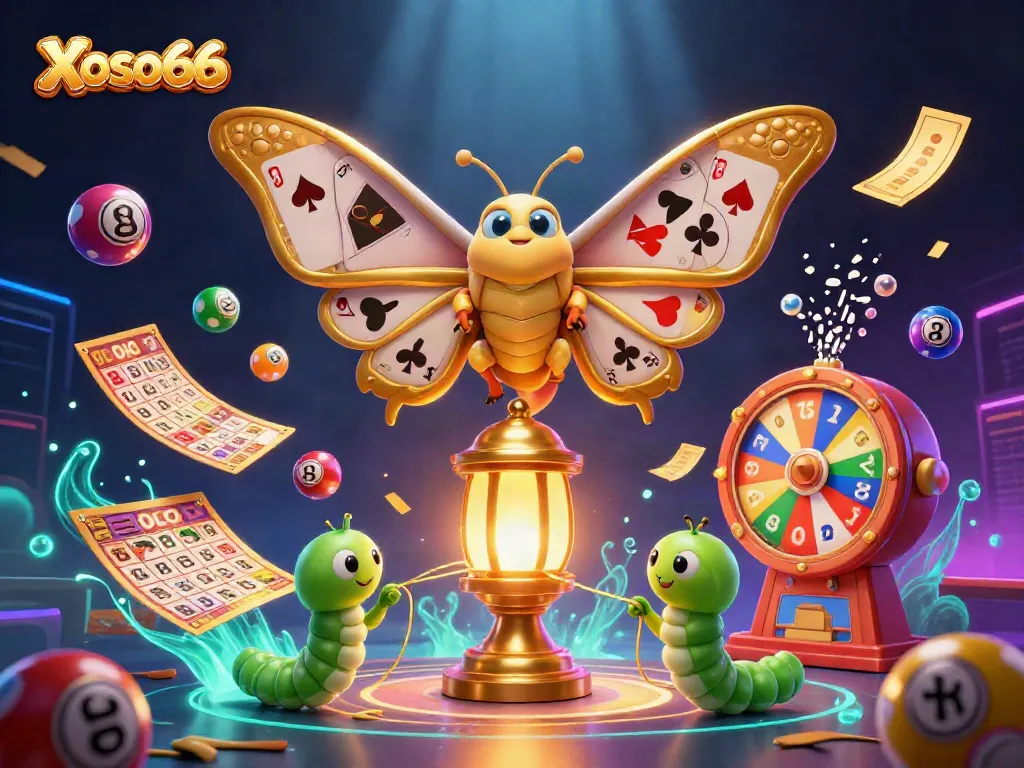 Xoso66 showcases vibrant lottery action with colorful balls and golden elements in an engaging casino scene.