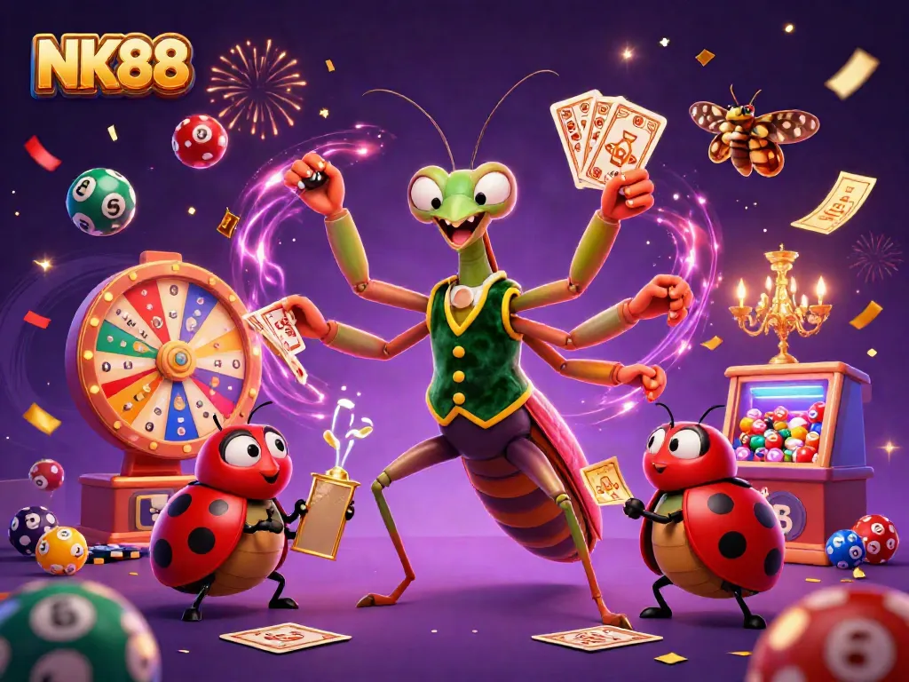 Celebrate winning with NK88 in a vibrant 3D casino illustration filled with lottery excitement and dynamic energy.