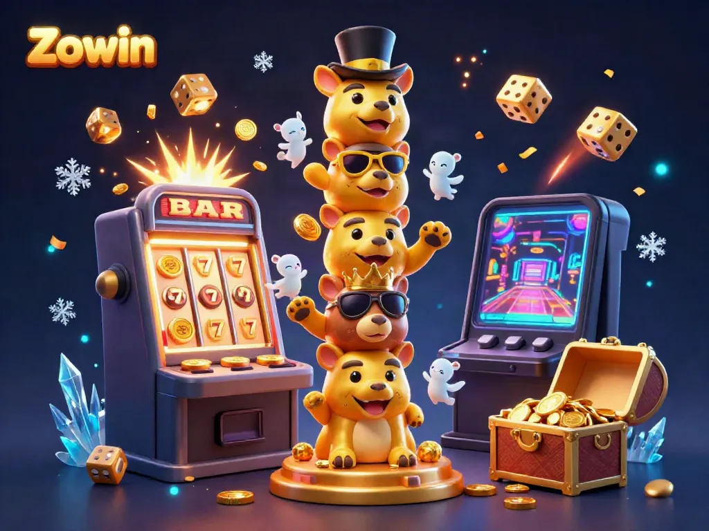 Experience the excitement of Zowin with a vibrant 3D casino-themed totem and explosive gaming elements.