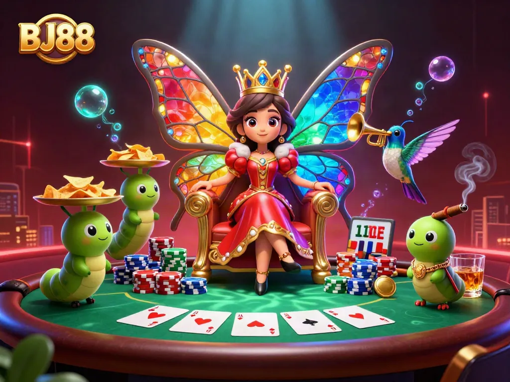 Experience the vibrant playtime at BJ88 with multi-colored poker chips and a captivating butterfly queen scene.