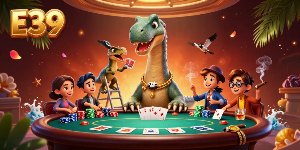 Engage in thrilling poker action at E39 with a massive brontosaurus and clever raptor dealer.