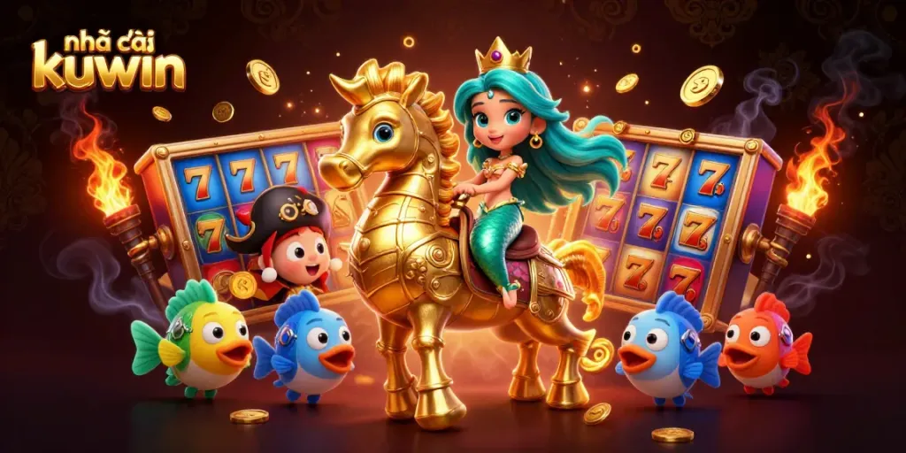 Experience the thrill of nhà cái kuwin with a vibrant, dynamic 3D casino scene filled with slots and characters.