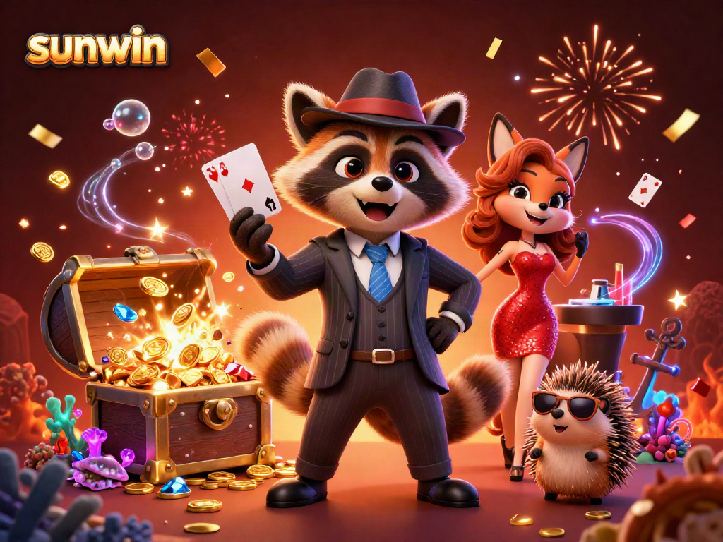 Experience winning at sunwin in a vibrant casino scene with lucky characters and games!