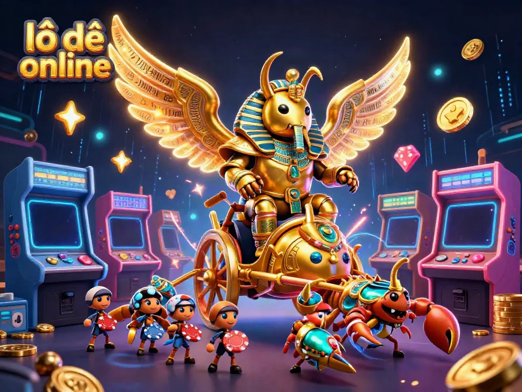 Explore lô đề online with vibrant 3D casino illustration featuring a golden scarab and colorful arcade elements.