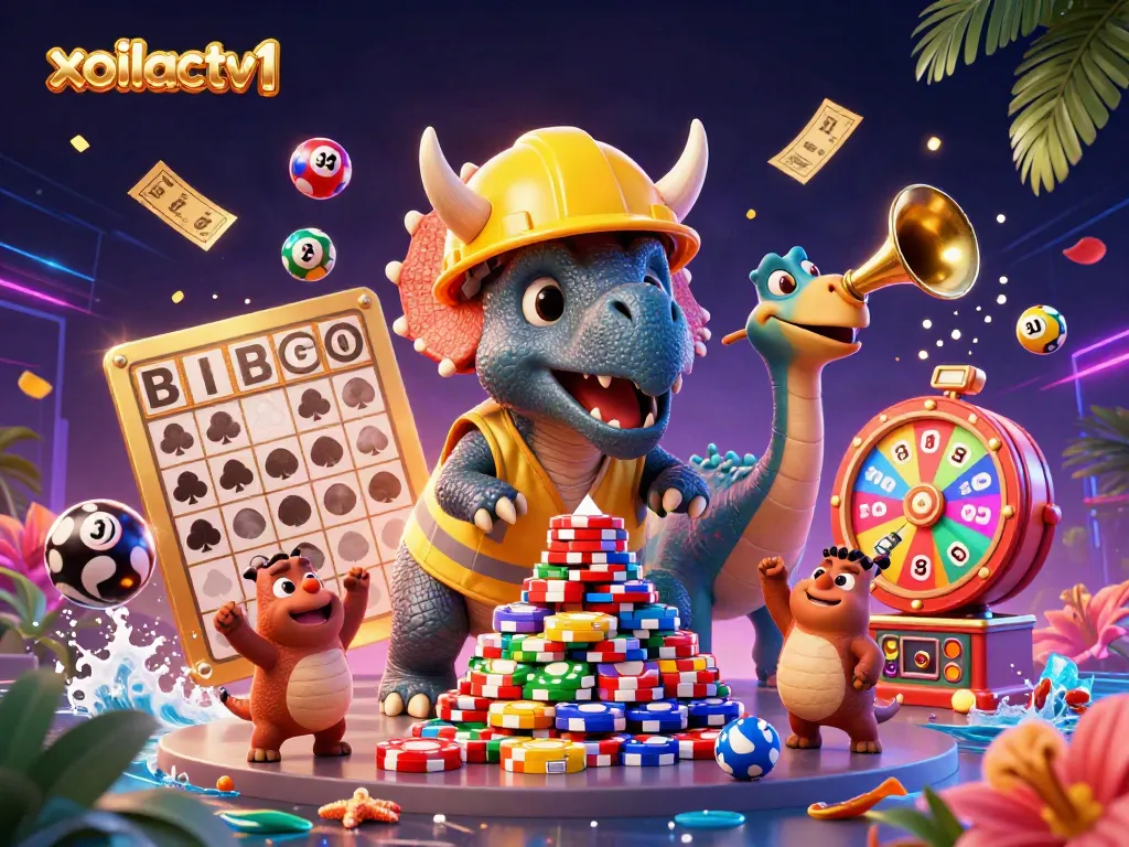 Xoilactv1 showcases lively gaming fun with a triceratops building poker chips amidst dynamic lottery elements.