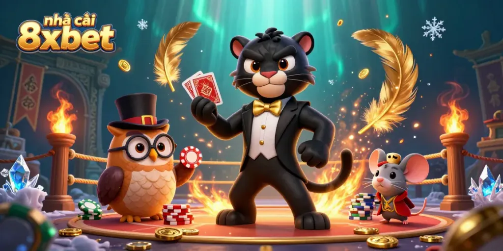 Engaging scene featuring nhà cái 8xbet, a black panther dealing cards, surrounded by vibrant casino elements.