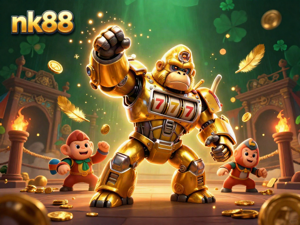 Engage with nk88's thrilling slots showcased by a golden mech and a monkey pilot in this dynamic casino scene.