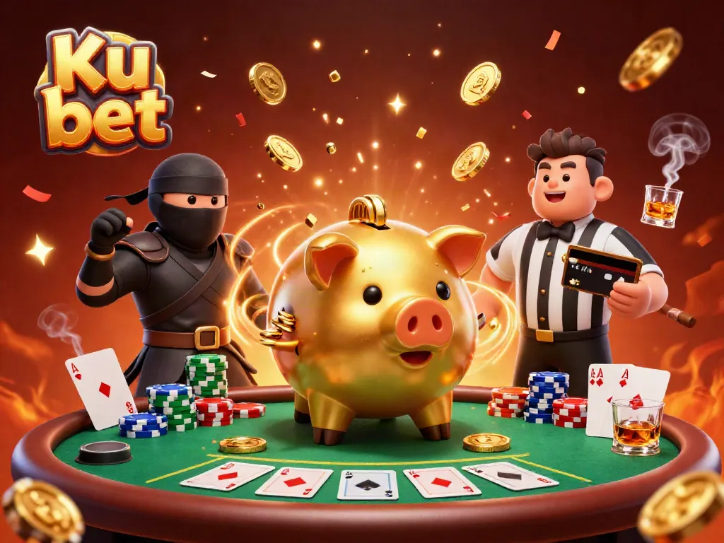 Engage in thrilling action with Ku bet in this dynamic casino showdown scene, featuring colorful poker elements.