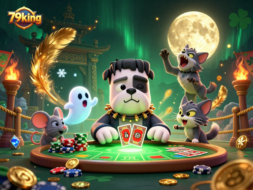 Engaging 79king scene with a bulldog monster and feline companions at a haunted casino table