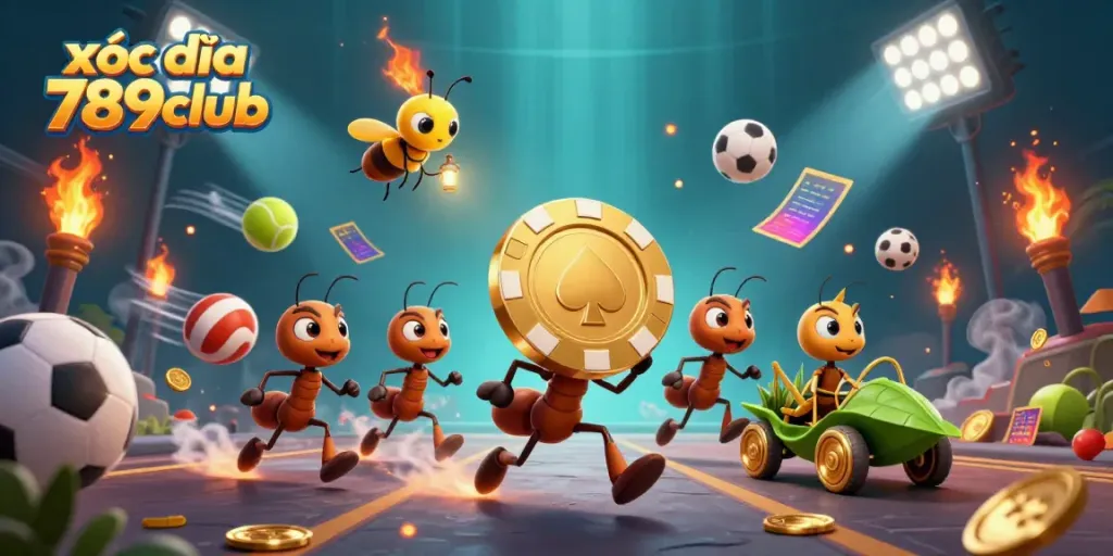 Engage with thrilling xóc đĩa 789club game illustrated by ants and dynamic sports elements.