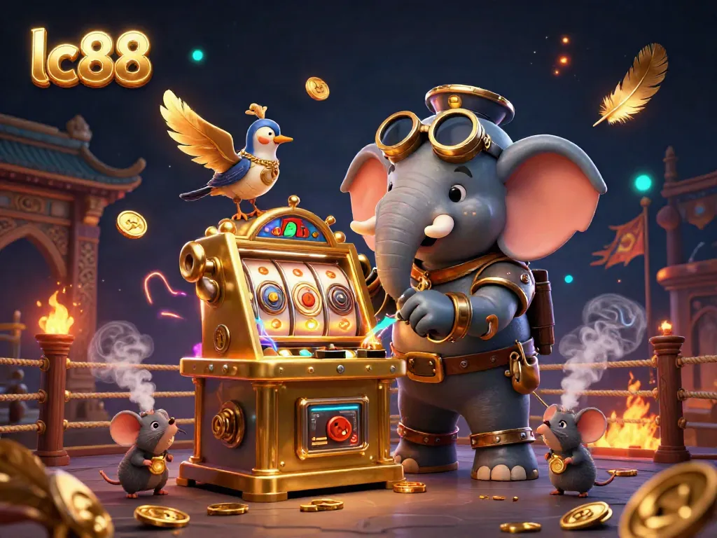 Engage with lc88 at a vibrant casino scene featuring a steampunk elephant operating a slot machine.