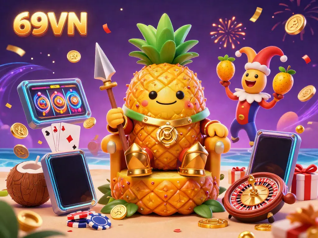 Experience the vibrant 69VN beach casino scene with golden pineapple king celebrating wins surrounded by dynamic game elements.