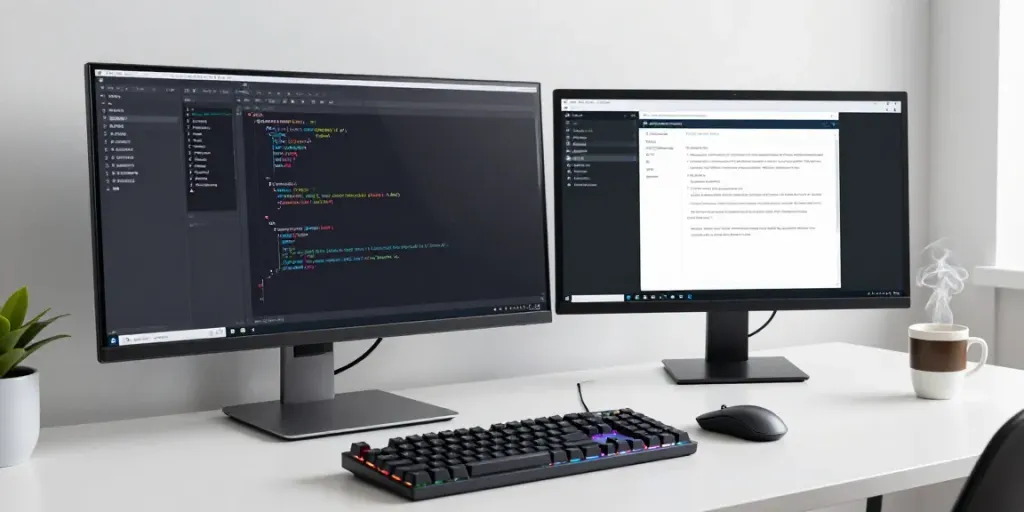 Register .co.uk domain in a professional workspace setting featuring coding tools and tech equipment.