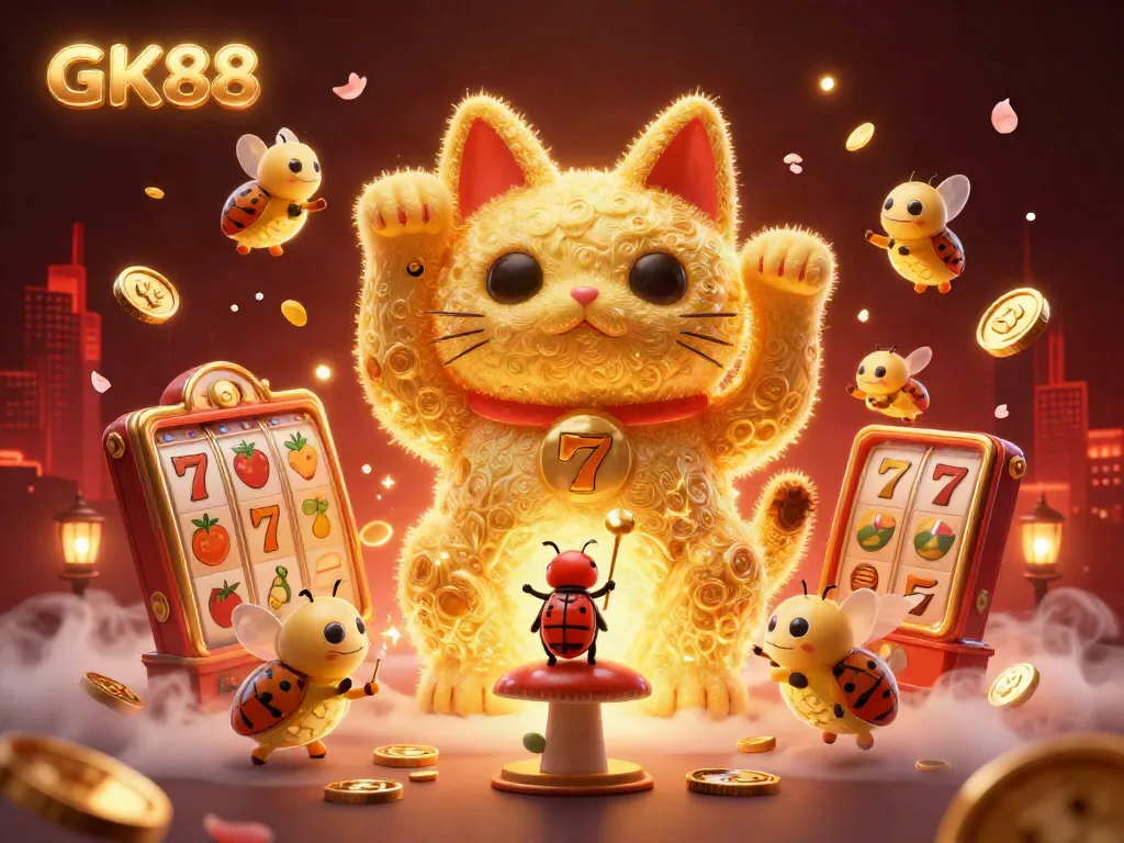Engage with the vibrant GK88 casino world, showcasing a lucky cat surrounded by slot game elements.