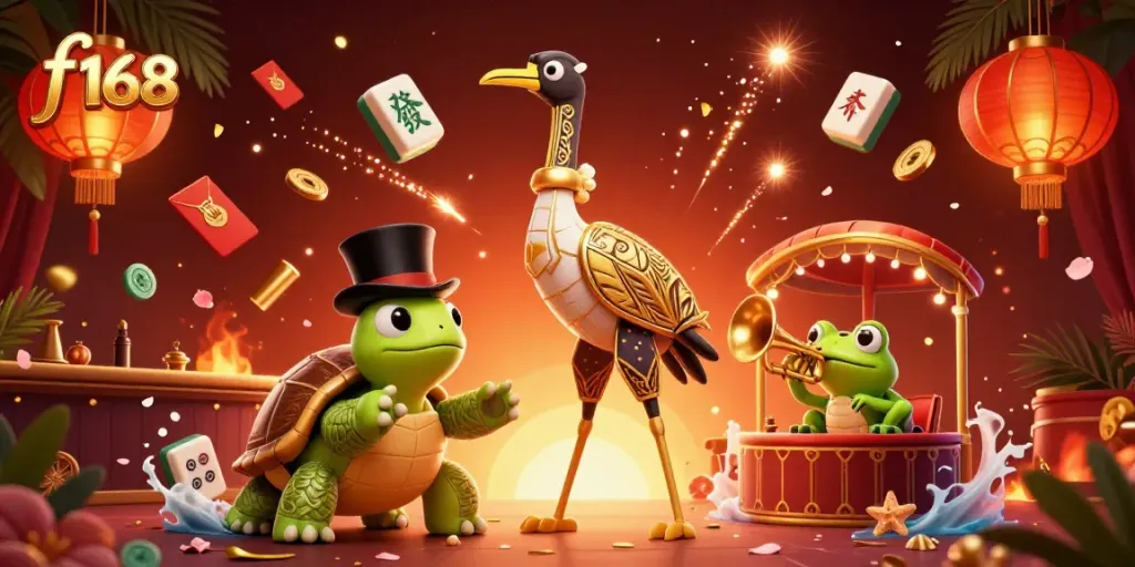 Experience thrilling gameplay at f 168 as characters celebrate with mahjong tiles and confetti in a vibrant casino scene.
