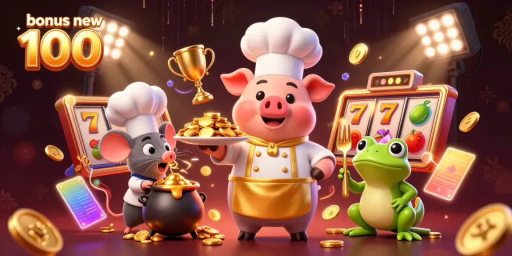 Chef pig serves gold coins in a dynamic casino scene promoting bonus new member 100.
