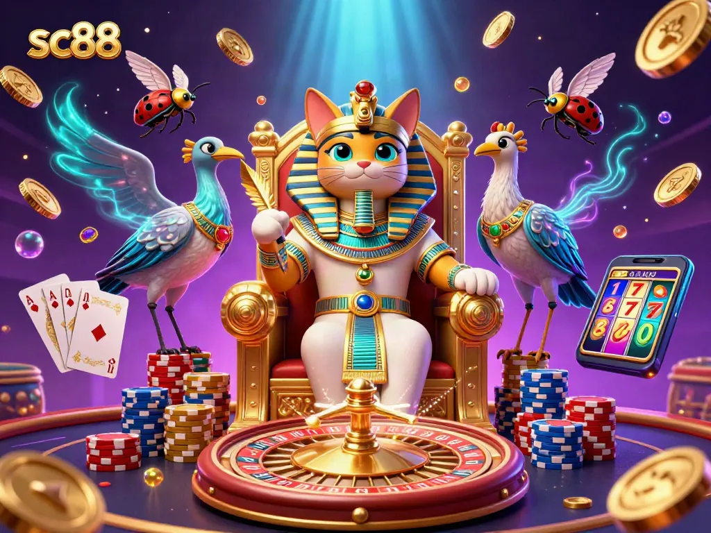 Engage with sc88's vibrant casino scene featuring a pharaoh cat, ibis scribe, and casino elements.