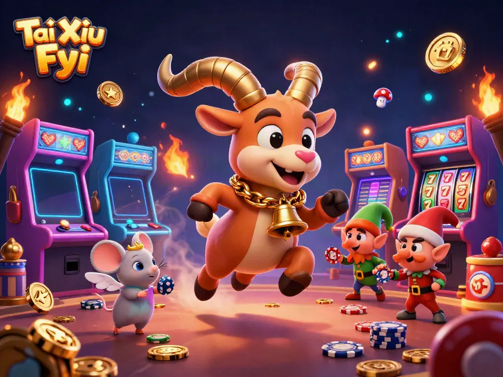 Tài Xỉu Fyi showcases a lively casino scene featuring a Krampus goat managing chaos with festive elements, poker chips, and arcade games.